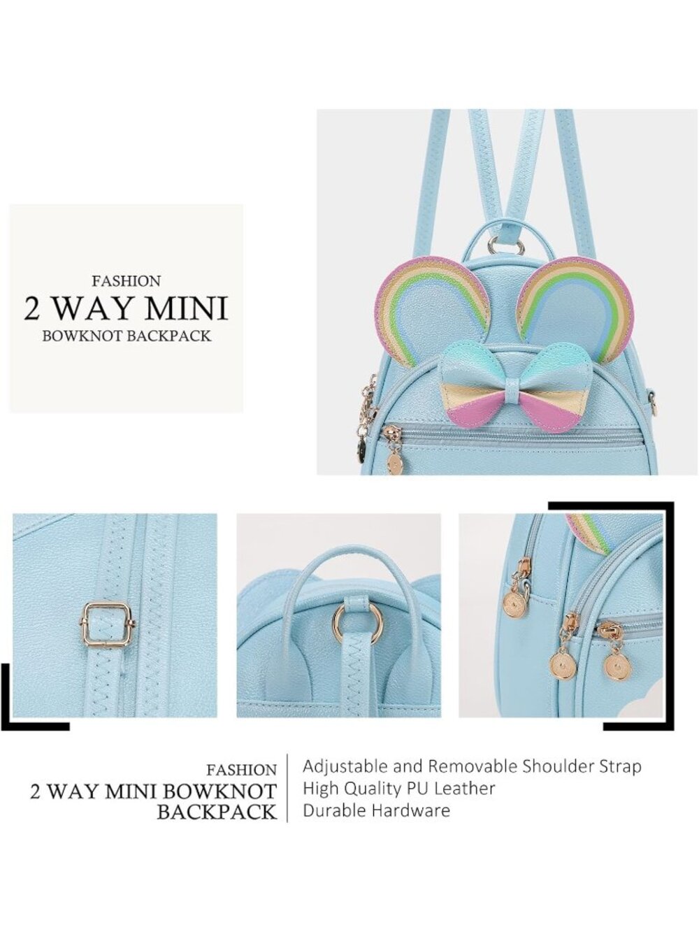 Women Girls Rainbow Mini Backpack Cute Bowknot Convertible Shoulder Bag - Picture 3 of 6